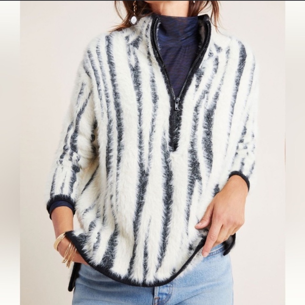 Anthropologie Cindy black-and-white eyelash half zip pullover sweater